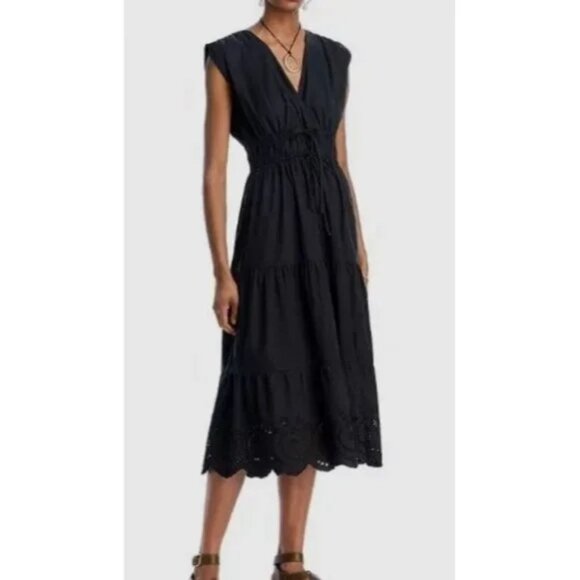 268$ Rails Lucia Eyelet Deep V Neck Midi Dress Sleeveless Women's Size S Black - Picture 1 of 3